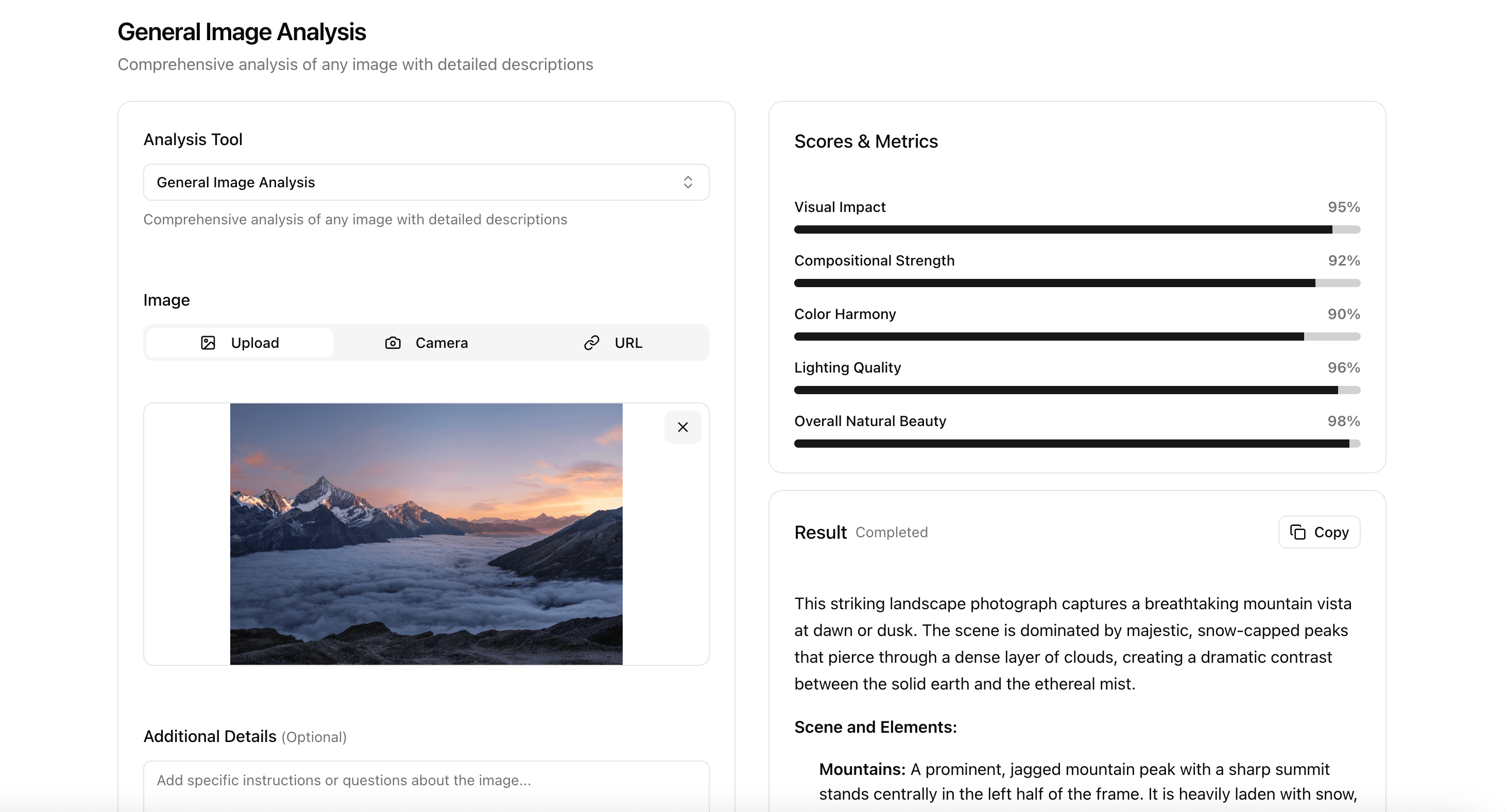FrescAI image analysis tool showing detailed AI-powered analysis with scores, metrics, and comprehensive image insights